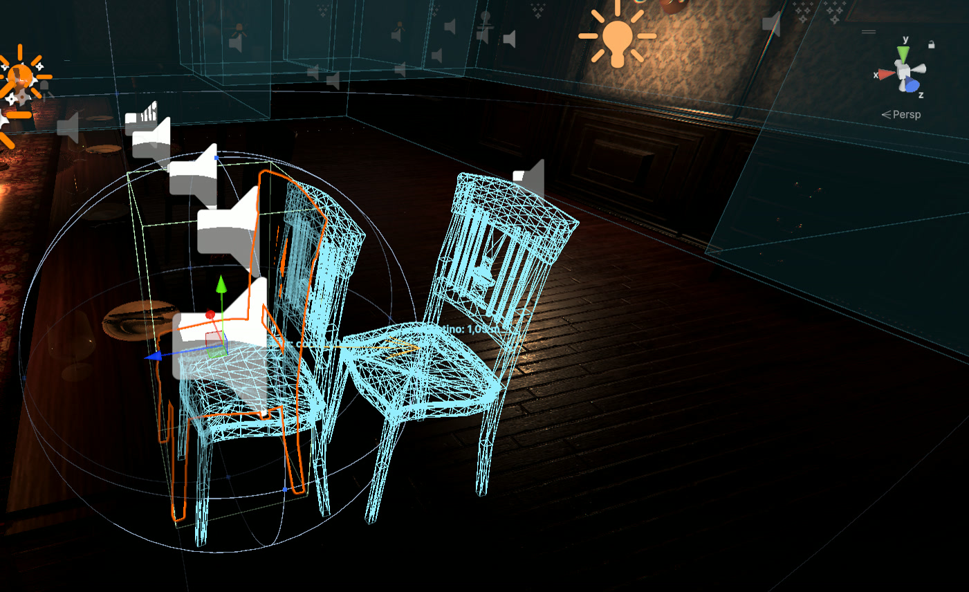 Authoring Gizmos — A chair and the poses it can settle into: the spread is visible as a range, not guessed from a number in the Inspector.