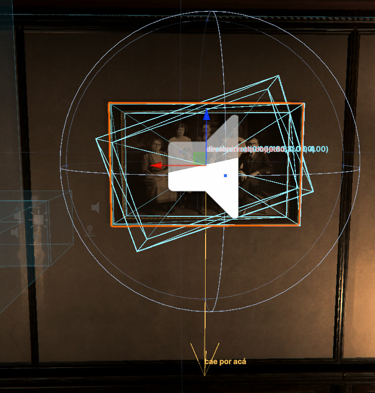 Authoring Gizmos — A painting rigged to fall: the ghosts carry the rotation it can take, and the arrow marks where it lands.