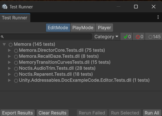 Unit Test Suite — 145 in the runner: 98 over the game's director logic, plus the suites that ship with Audio Trim and Reparent.