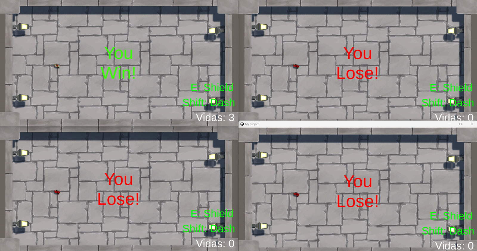 Fusion Arena — One outcome resolved for everyone: one "You Win" and three "You Lose", with lives at 3 and 0 on the matching clients.