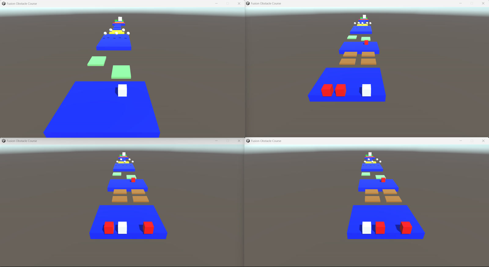 Fusion Obstacle Course — The same moment across the four views — each client sees itself in white and the other three in red.