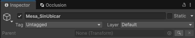 Reparent — The Parent field, injected into the Inspector header below Tag and Layer. No extra window, no separate workflow.